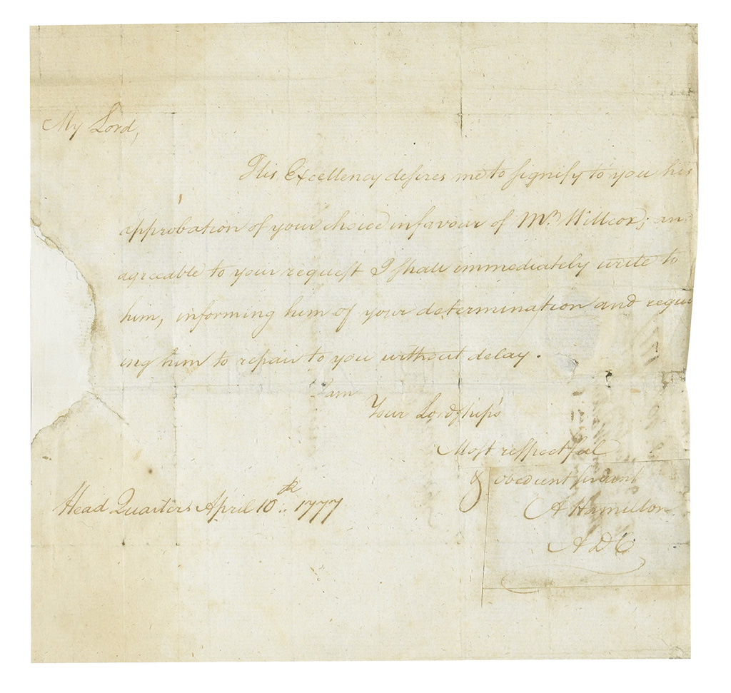 (AMERICAN REVOLUTION.) ALEXANDER HAMILTON. Autograph Letter Signed, A Hamilton / A[ide]D[e]C[amp], to Major-General Lord Stirling,